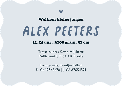 Wave geboortekaartje stoer typografisch donkerblauw print Achterkant