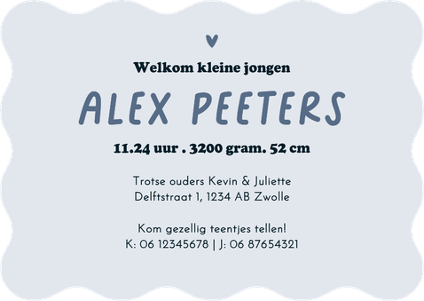 Wave geboortekaartje stoer typografisch donkerblauw print Achterkant
