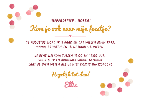 Wave kinderfeestje uitnodiging confetti 1 jaar foto roze Achterkant