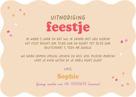 Wave uitnodiging kinderfeestje unicorn confetti foto's feest Achterkant