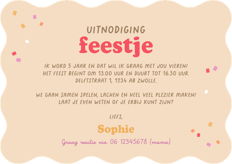 Wave uitnodiging kinderfeestje unicorn confetti foto's feest Achterkant