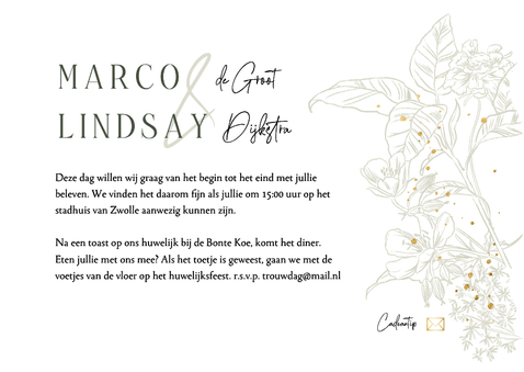 Wavevorm trouwkaart lijnillustratie botanisch foto goud Achterkant