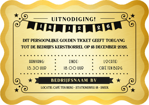 Zakelijke uitnodiging kerstborrel - gouden ticket Achterkant