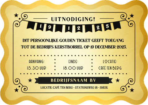 Zakelijke uitnodiging kerstborrel - gouden ticket Achterkant