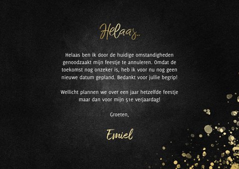 Annuleringskaartje helaas vierkant goud met spetters 3