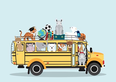 Back to School kinderkaart met schoolbus vol dierenvrienden 3