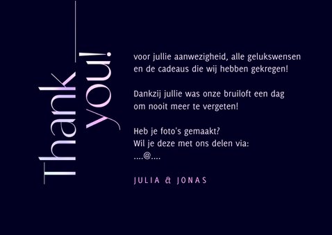 Bedankkaart holografisch trouwen foto thank you modern 3