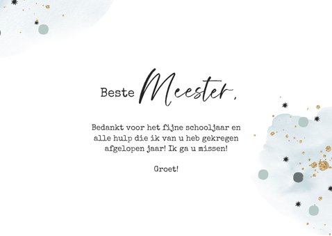 Bedankkaart meester met watercolour, confetti en goud 3