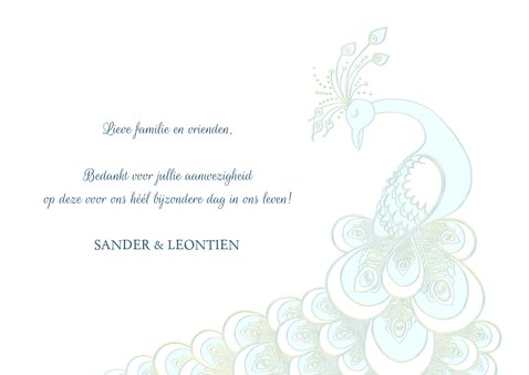 Bedankkaart sierlijke pauw wit-blauw-goud 3