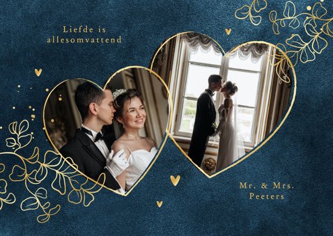 Bedankkaart trouwen velvet blauw goud eucalyptus hartjes 2