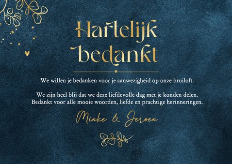 Bedankkaart trouwen velvet blauw goud eucalyptus hartjes 3