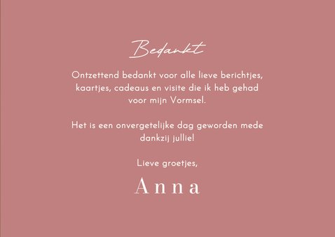 Bedankkaart vormsel communie oudroze met foto 3