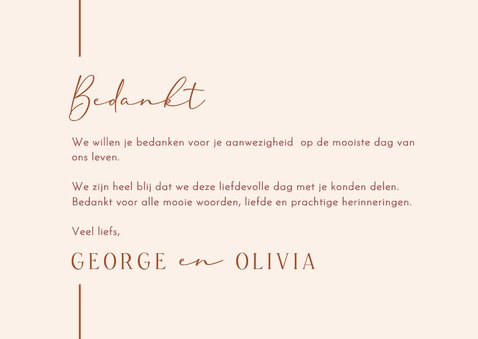 Bedankkaartje bruiloft beige met lijn terracotta modern 3