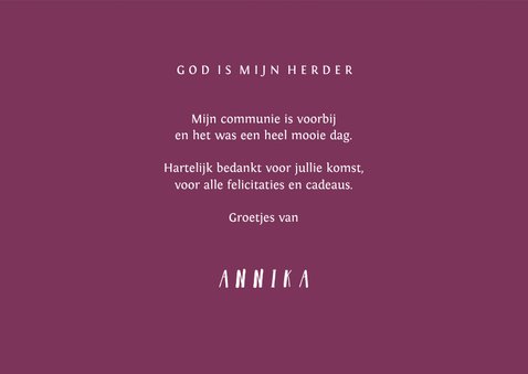 Bedankkaartje communie foto & kruis verfspetters roze 3