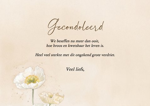 Beige condoleancekaart met waterverf witte klaprozen 3