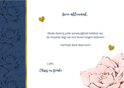 Bijzonder bedankkaartje in navyblue, roos en goud met foto 3
