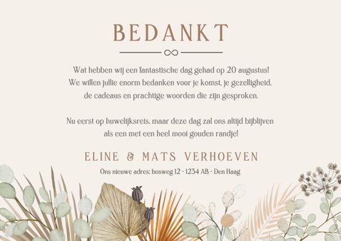 Botanisch bohemian bedankkaartje bruiloft met 3 foto's  3