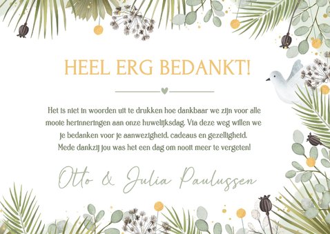 Botanische bedankt kaart trouwen met duifjes en 3 foto's 3