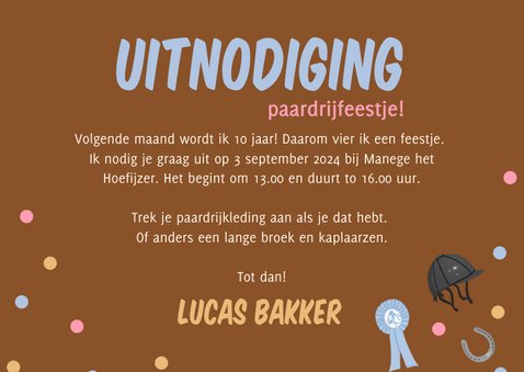 Bruine uitnodiging kinderfeestje met paarden en confetti 3