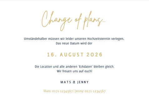 Change-of-plans-Karte zur Hochzeit klassisch Dunkelblau 3