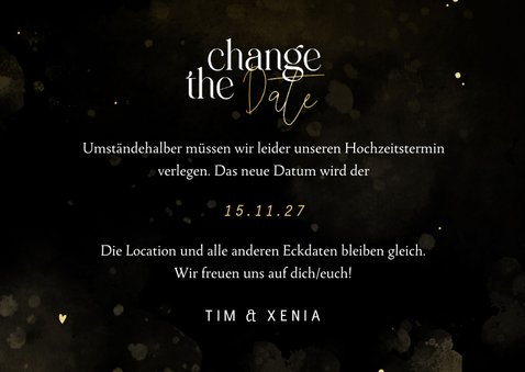 Change-the-Date Karte Hochzeitstermin schwarz-gold 3