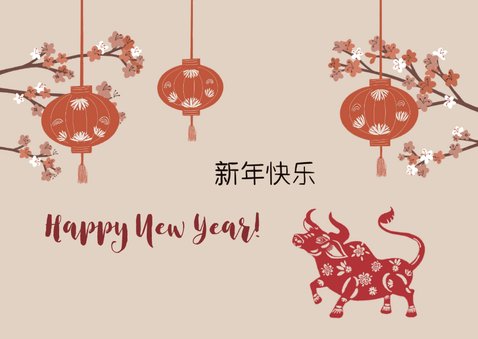 Chinese nieuwjaarskaart met lampionnen en een os 2