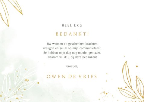 Communie bedankkaart lief groene waterverf met blaadjes 3