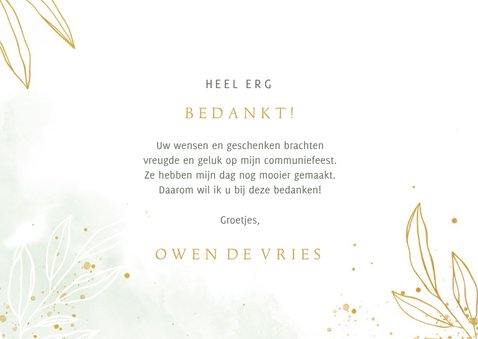 Communie bedankkaart lief groene waterverf met blaadjes 3