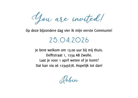 Communie feestje ticket blauw stoer modern foto 3