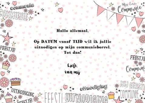 Communie hippe uitnodiging met foto in handlettering-stijl 3