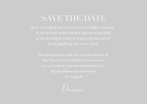 Communie save the date kaart met grote foto en witte tekst 3