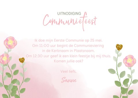 Communie uitnodiging foto waterverf bloemen en hartjes 3