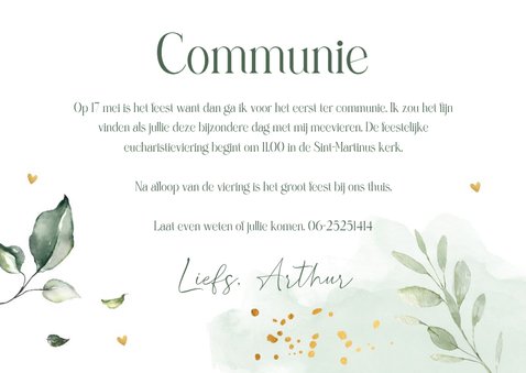 Communie uitnodiging jongen groen watercolour blaadjes 3