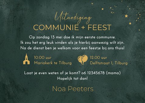 Communie uitnodiging jongen stijlvol groen goud sterren foto 3