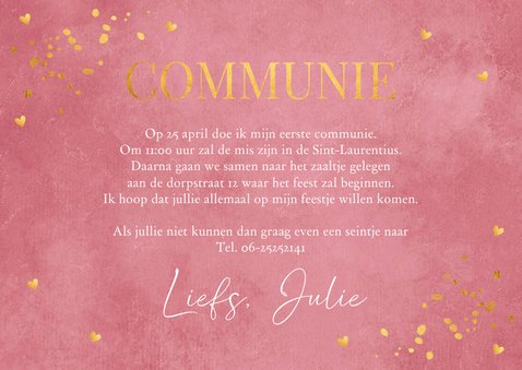 Communie uitnodiging meisje roze fotocollage goudlook 3