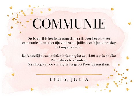 Communie uitnodiging meisje roze watercolour goudlook 3