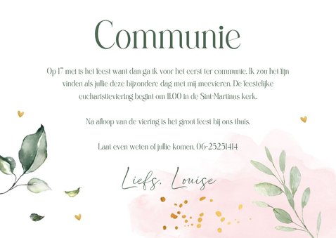 Communie uitnodiging roze waterverf blaadjes in groen 3