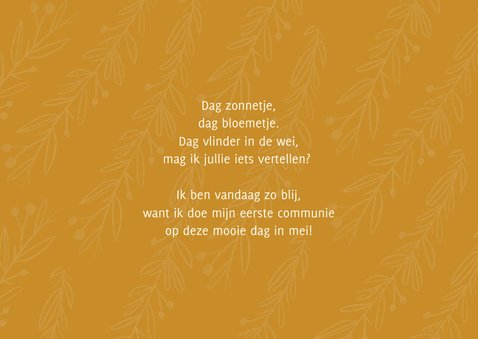 Communie uitnodiging stijlvol oker en takjes 2