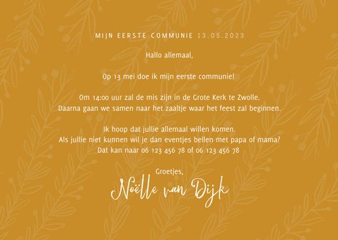 Communie uitnodiging stijlvol oker en takjes 3