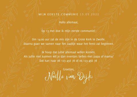 Communie uitnodiging stijlvol oker en takjes 3