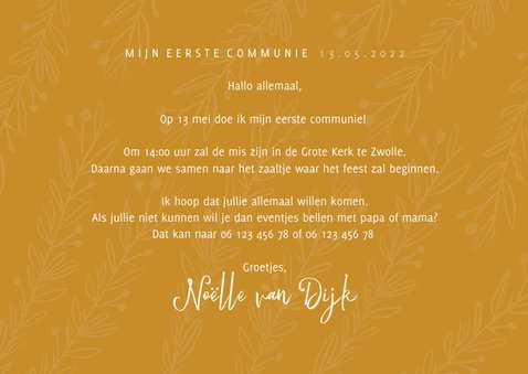 Communie uitnodiging stijlvol oker en takjes 3
