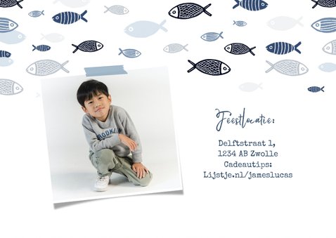 Communie uitnodigingskaart visjes symbolen foto blauw 2