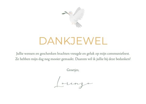 Communiekaart bedankt foto duif waterverf takjes 3