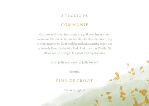 Communiekaart jongen met waterverf en gouden spetters 3