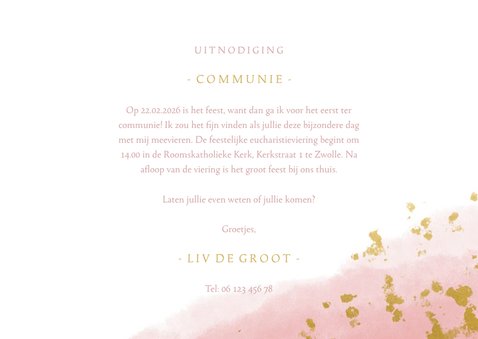 Communiekaart meisje met waterverf en gouden spetters 3