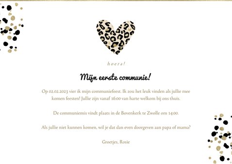 Communiekaart met foto en panterprint hartje 3