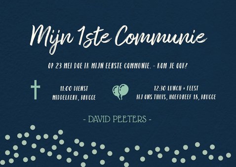 Communiekaart uitnodiging jongen - blauw met blauwe confetti 3