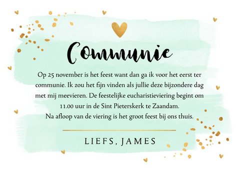 Communiekaart waterverf mintgroen goud confetti 3