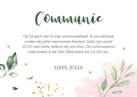 Communiekaart waterverf roze bladeren goudlook 3