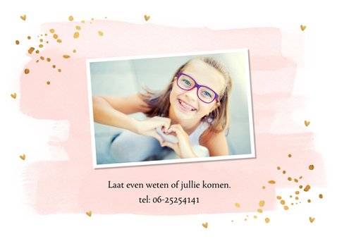 Communiekaart waterverf roze gouden confetti 2